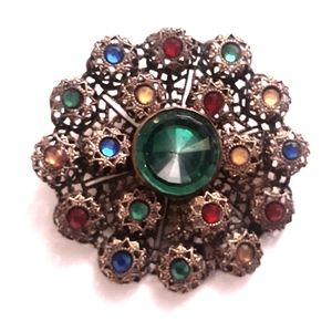 1930s Deco Brass Filigree Multicolor Rainbow Fruit Salad Layered Pin Brooch